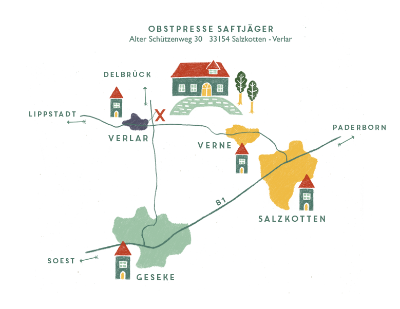 Gezeichnete Karte der Umgebung mit Verlar, Salzkotten, Delbrück, Verne, Geseke und Paderborn